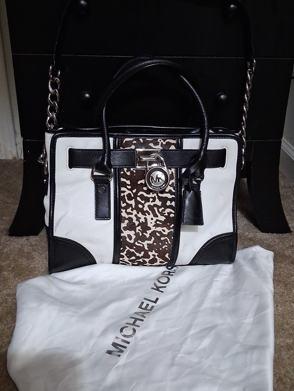 Black & White Structured Satchel Handbag with Chain Strap..Original Bag Cover..